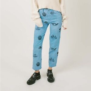 Rationalle Raya Pant in Embro Embroidery Blue Warped Checks with Black Designs